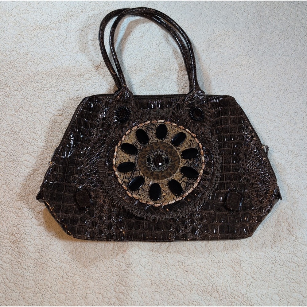 Vtg Chico's Brown Faux Croc Handbag Beaded Medallion Leopard Print